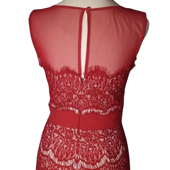 Jax Red Nude Short Sleeve Illusion Eyelash Lace Fitted Sheath Dress Size 2 - Picture 8 of 11